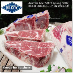 Beef Ribeye lip-on Scotch-Fillet Cube-Roll AGED BY PRODUCER 3 weeks STEER (young cattle) Australia KILCOY frozen STEAK CUTS 1, 3/4 & 3/8" (price/kg)